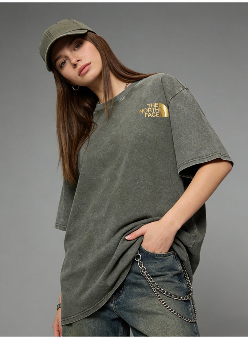 THE NORTH FACE 2026 The North Face retro washed unisex T-shirt, high-grade cotton loose short sleeves with gold logo, retro street clothes for men and women. - Image 1